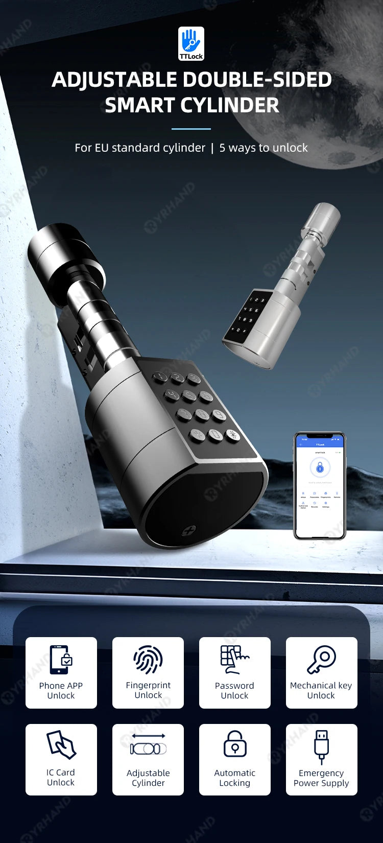 Smart Euro Cylindrical Door Lock ttlock app Keyless Security Entry Mechanical Key Waterproof fingerprint door lock For home