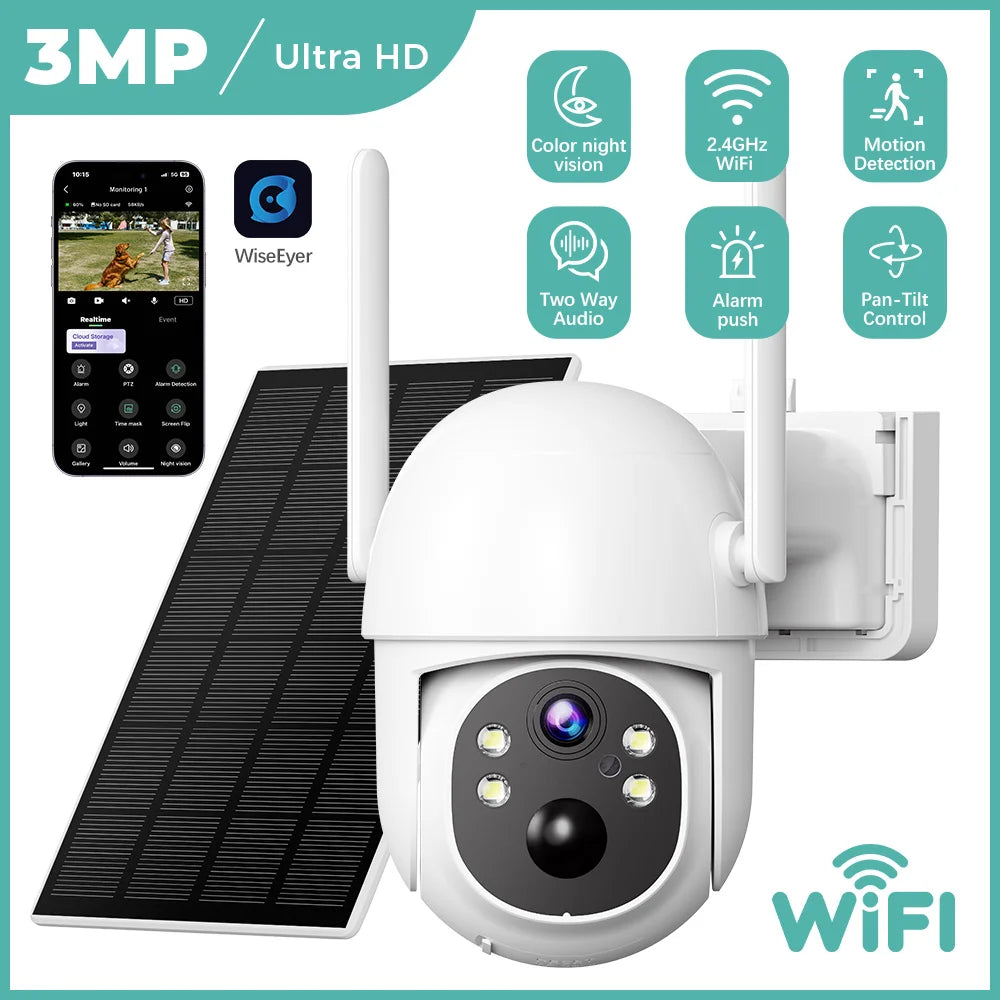 Solar Powered WiFi Security Camera Outdoor 3MP HD with Color Night Vision Two Way Audio Motion Detection & Pan - Tilt Control