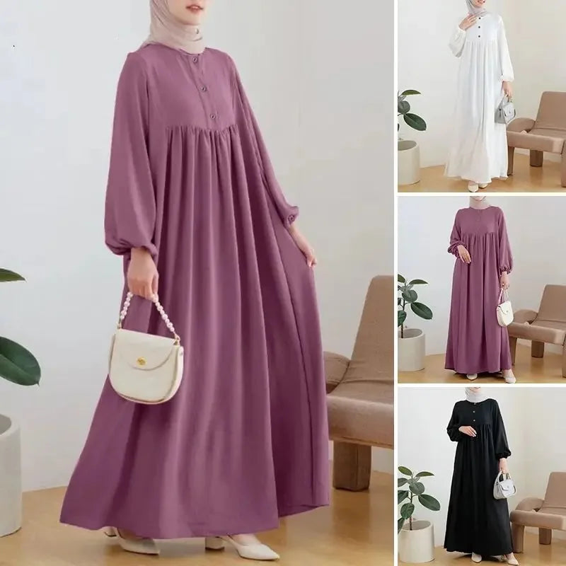 Muslim Women's Long Dress Spring Autumn Fashion Solid Color Loose Dreses Casual Full Sleeveless Maxi Dress Robe Femme