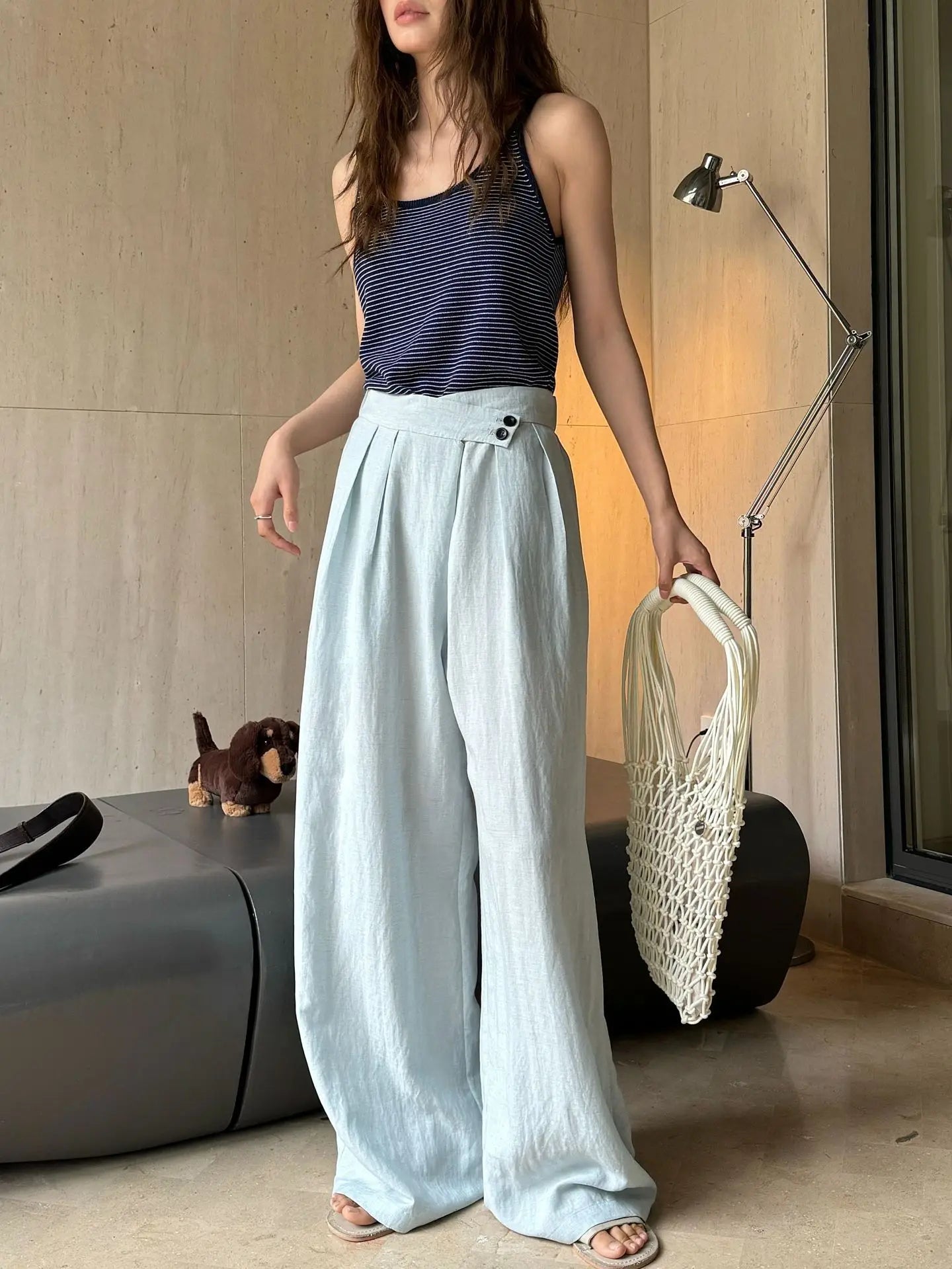 Summer women's casual solid color high waisted loose wide leg pants