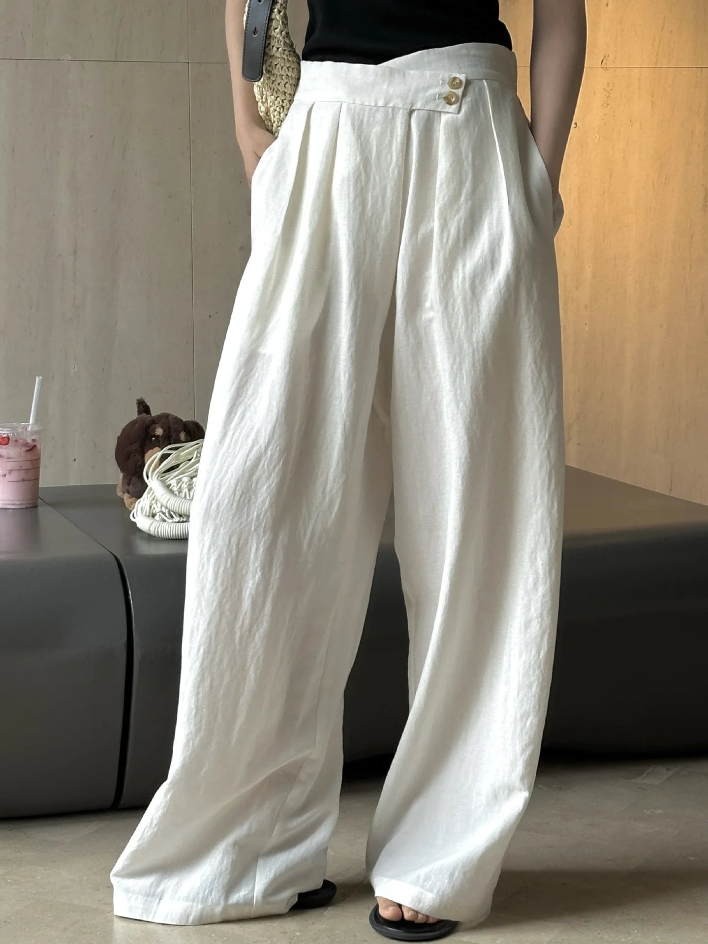 Summer women's casual solid color high waisted loose wide leg pants
