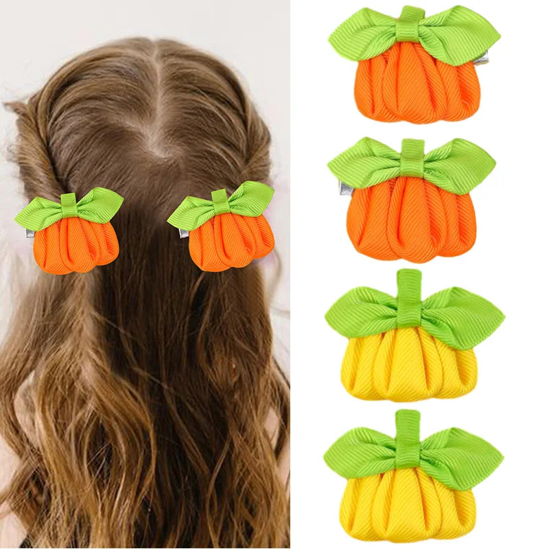 Oaoleer 2Pcs Pumpkin Hair Clip For Baby Girls Solid Grosgrain Ribbon Hair Pin Barrettes Kids Headwear Halloween Hair Accessories