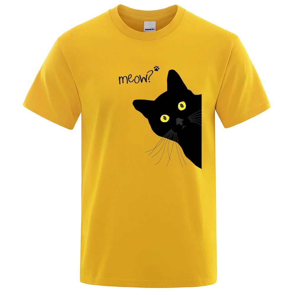 Meow Black Cat Funny Printing Men T-Shirts Breathable Tee Clothes Summer Streetwear Tops Unisex Loose Cotton Short Sleeve