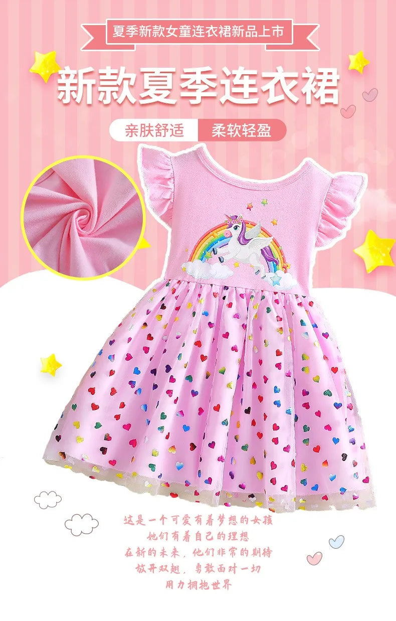 2025 New Unicorn Girls Dress Flying sleeves Kids Clothes Summer Princess Dresses Party Dresses for Children Clothing Rainbow