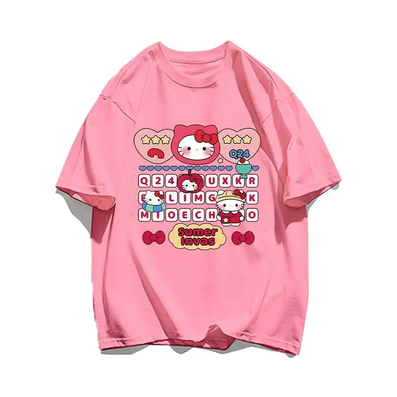 Cute Hello Kitty Cotton Cartoon Men Women T-shirt Y2k Short-sleeved Loose Women Men T-shirts Harajuku Male Female Clothing Tops