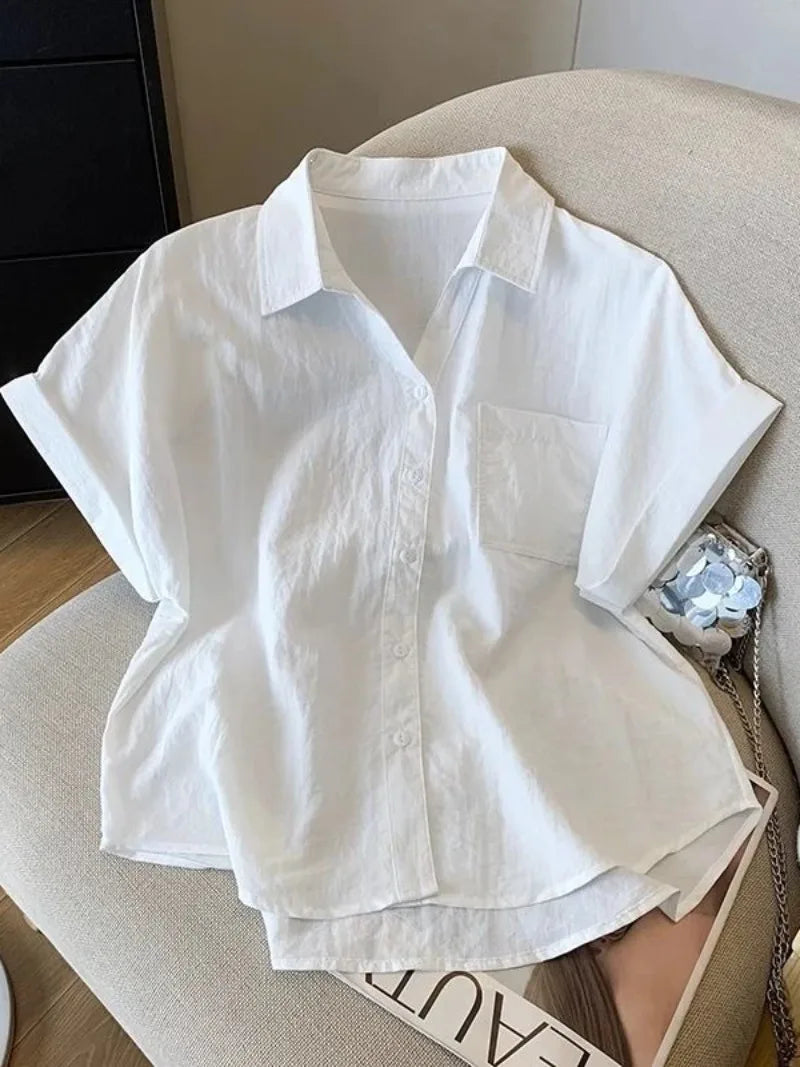 White Cotton Shirt Women Summer New Thin Loose Blouses Fashion Korean Commute Solid Short Sleeved Shirt Top