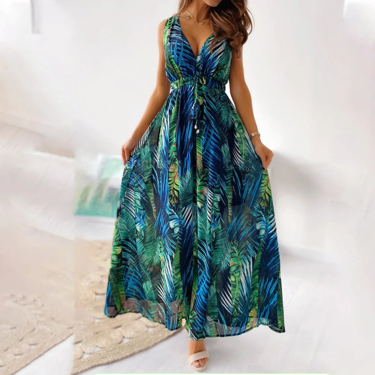 dresses for women Summer dress Casual Print Bandage Elastic Waist V-Neck Sleeveless sexy long Dresses vestidos verano moda 2024