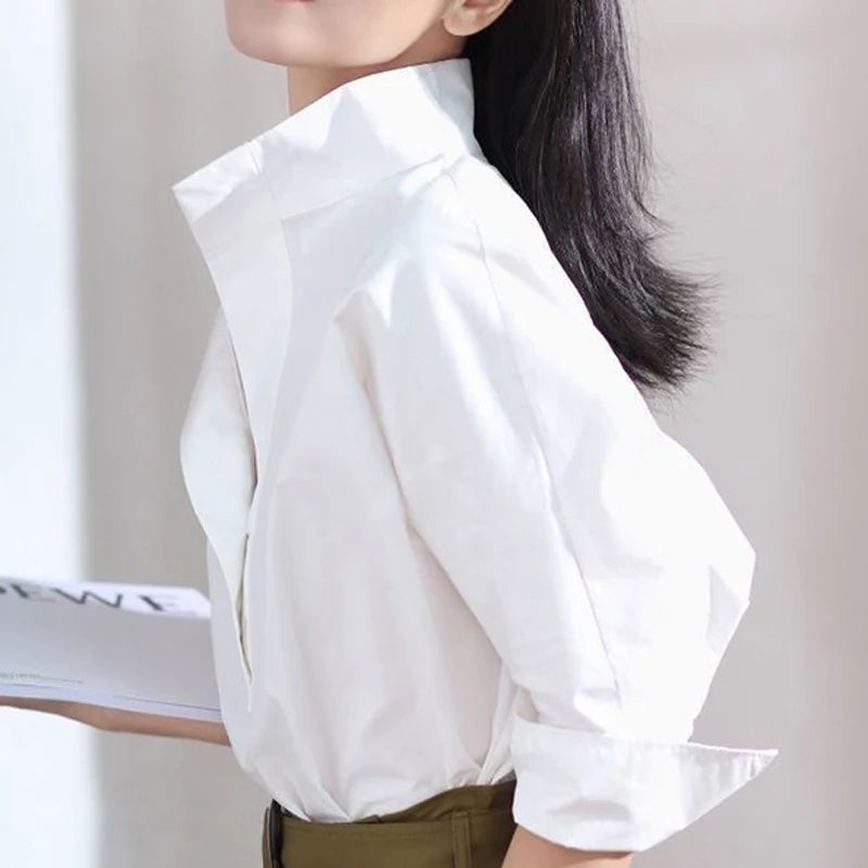 Women's Cotton Shirt Tops 2025 Autumn New Solid White Lapel Collar Long Sleeves Buttoned T-shirt Female Commuter Blouse