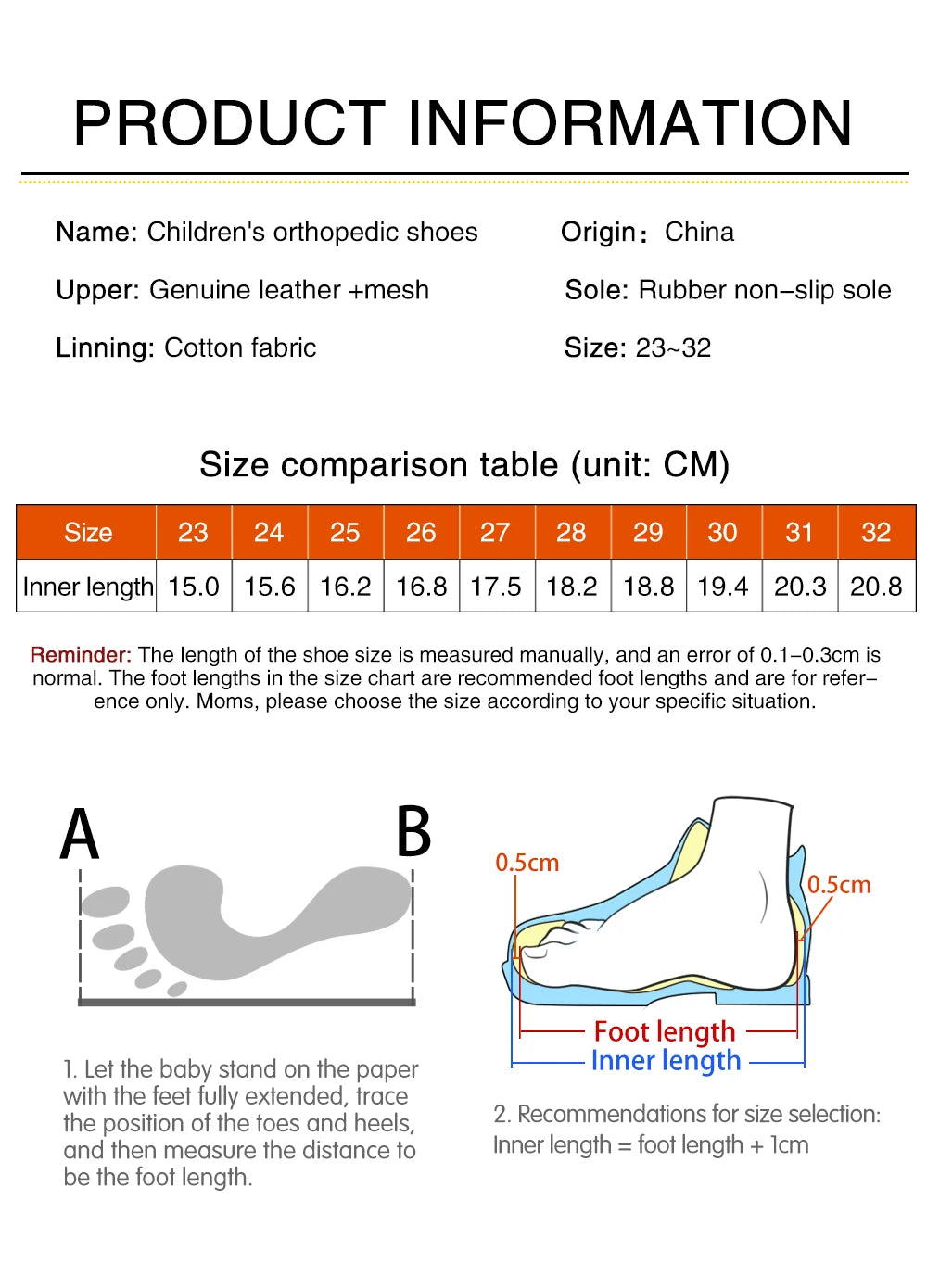 Toddler Kids Shoes Children Orthopedic Sneakers High Back Ankle Support Leather Anti-Slip Sole Running Footwear 2-7 Years