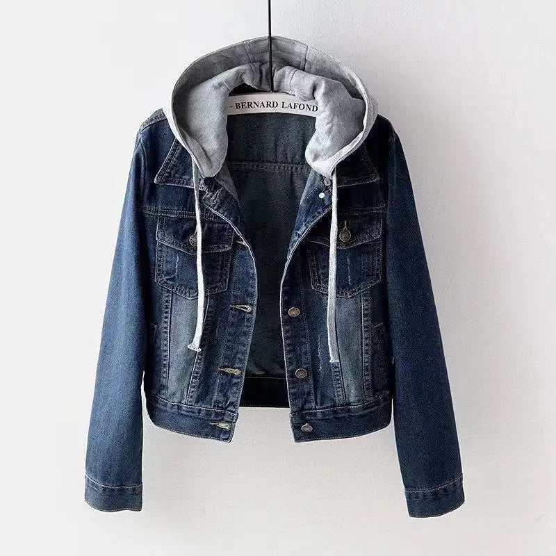 Denim Short Jacket for Women Short Autumn Winter Korean Long-sleeved Slim Hooded Versatile