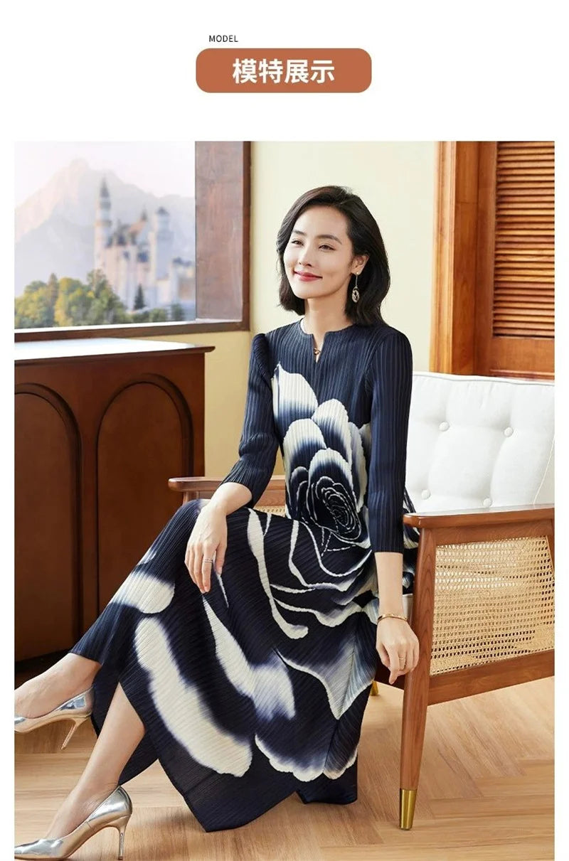 Women's Dress Womens Dresses Elegant and Peony Flower Print Cropped Sleeve Pleated Loose Dress Women's Miyake Round Neck Dress