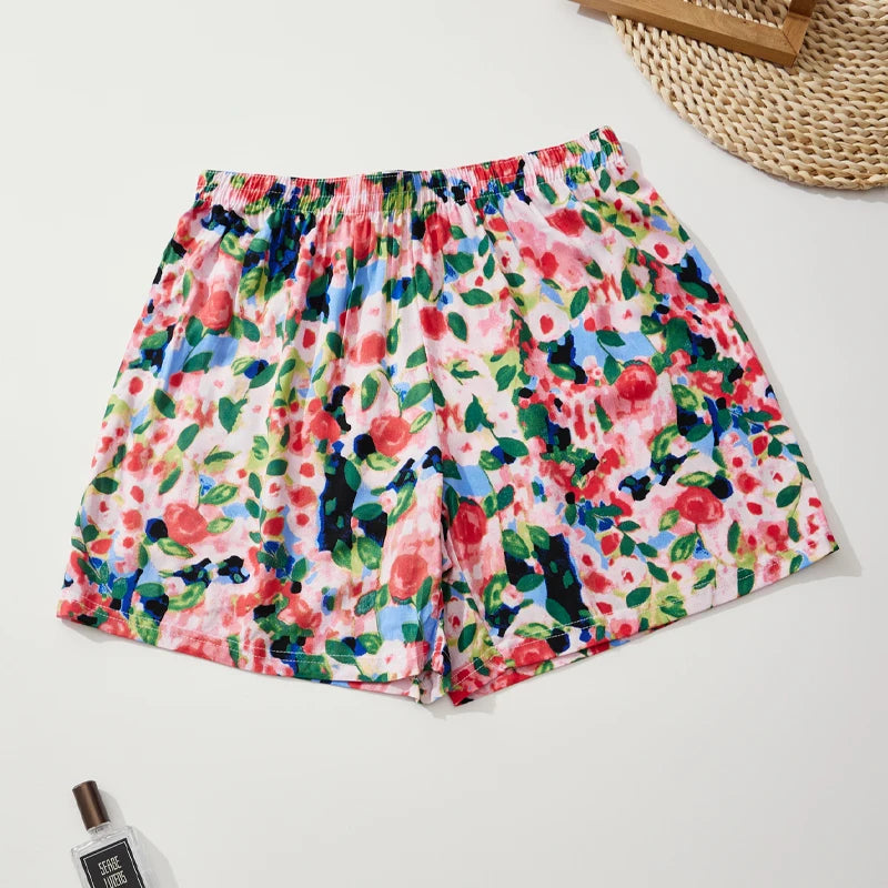 Women's Summer Shorts Floral Checkered 100% Viscose Loose Home Shorts Comfortable Soft Casual Shorts Elastic Waist