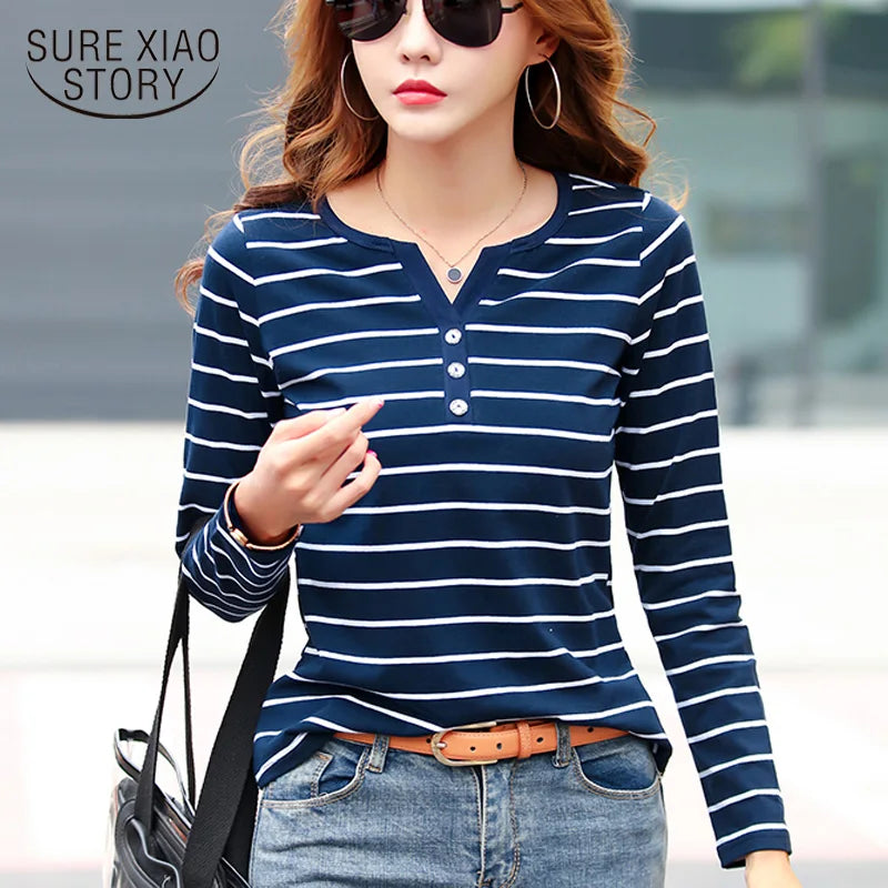 Cotton T-Shirt Women Long Sleeve Striped T Shirt Fashion 2025 Spring Autumn Female Clothes Top Tee Lady V-neck Tops 7215