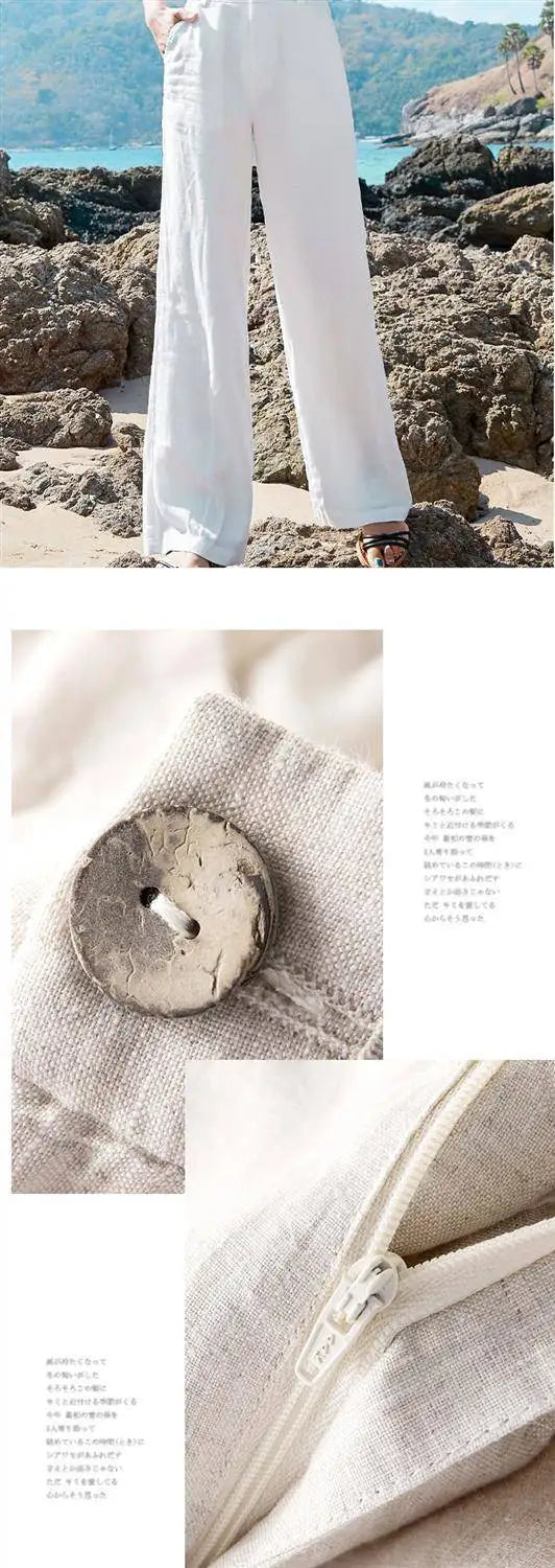 Women's Pants Summer Cotton Linen Wide Leg Pants Full Length Casual Solid White Loose High Waist Straight Trousers Women