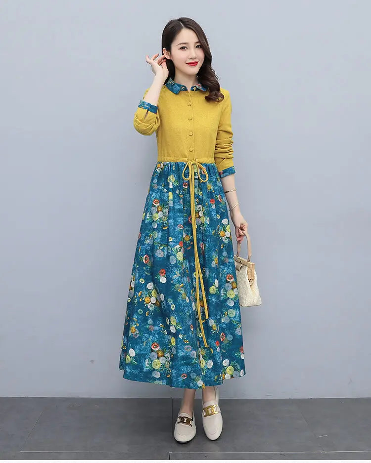 Women's Clothing Casual Printed Dresses Spring Autumn New Single-breasted Fashion Turn-down Collar Commute Drawstring Long Dress