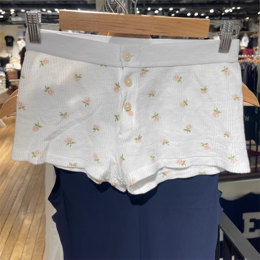 Purple Floral Print Home Shorts Summer Patchwork Elastic Waist Straight Short Pant Casual Cute Cotton Pants Woman Clothing