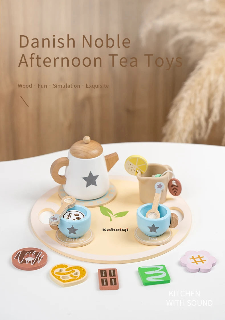 Wooden Kitchen Play Toys Kitchen Simulation Tea Set Afternoon Tea Activity Games Pretend Play Kitchen Accessories Toy for Kids