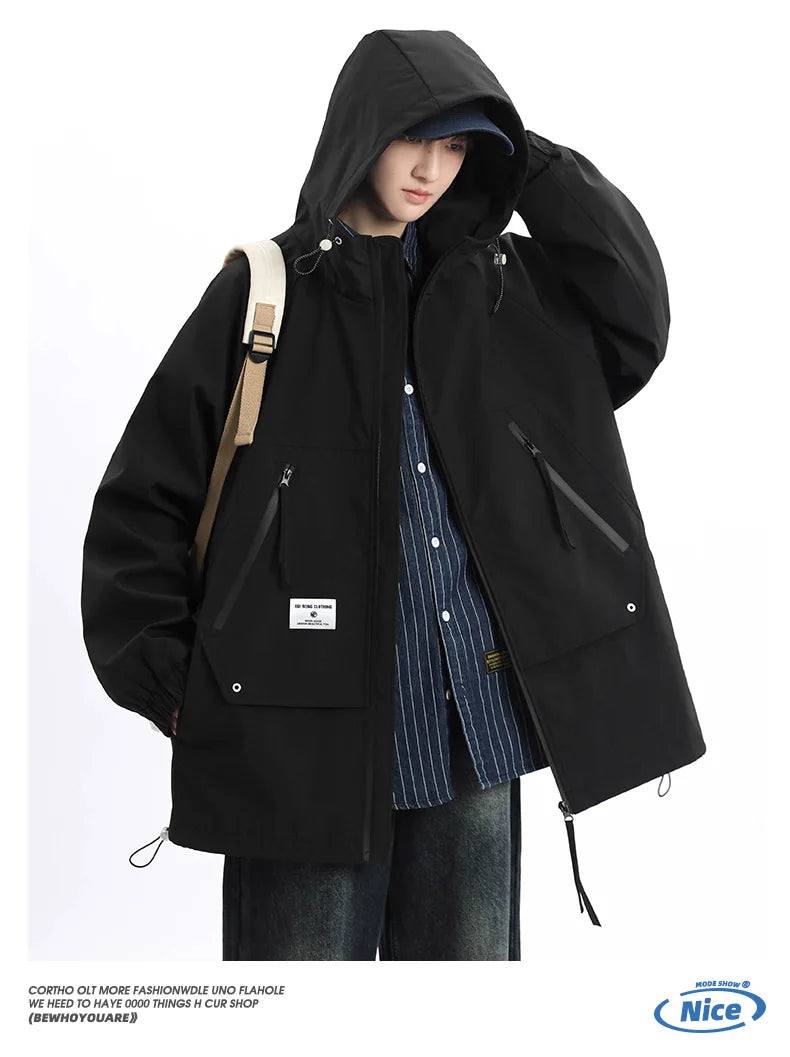 Autumn Men's Jacket Springtime Trendy Streetwear Coat Fashion Outerwear Hooded Solid Color Men Jackets Korean Version Clothing