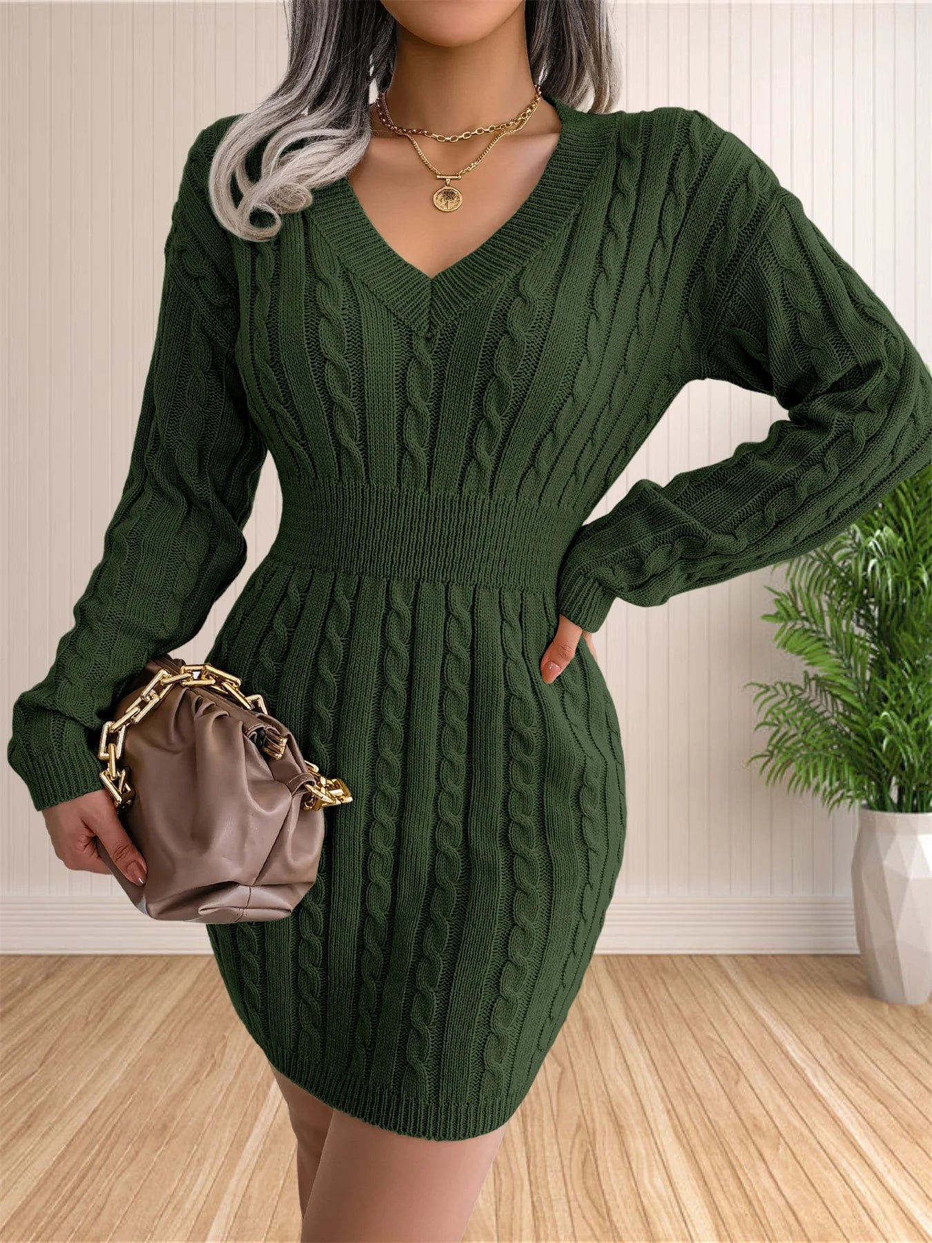Women Sweater Dresses Cocktail V Neck Knitted Dress Sweater Sheath Dress