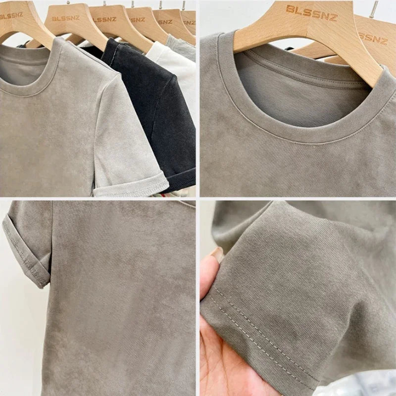 Women's Cotton T-shirt Female Summer 2025 Short Sleeve Washed Vintage Tee Harajuku Casual O-Neck Simple Slim Fit T Shirts