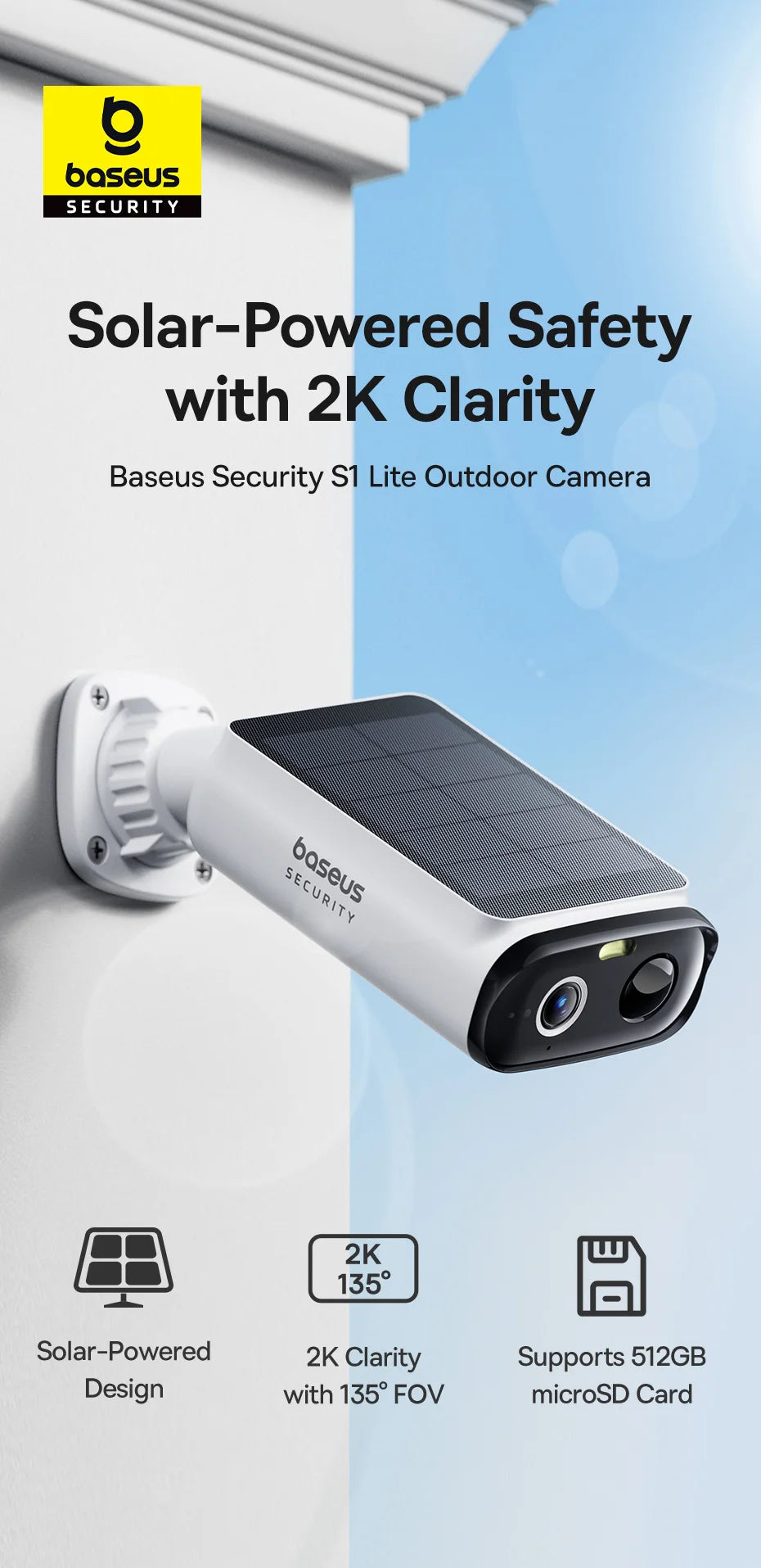 Baseus Security S1 Lite Solar Security Camera Wireless Outdoor Camera Continuous Power 2K Resolution 135°FOV IP67 Wifi Camera