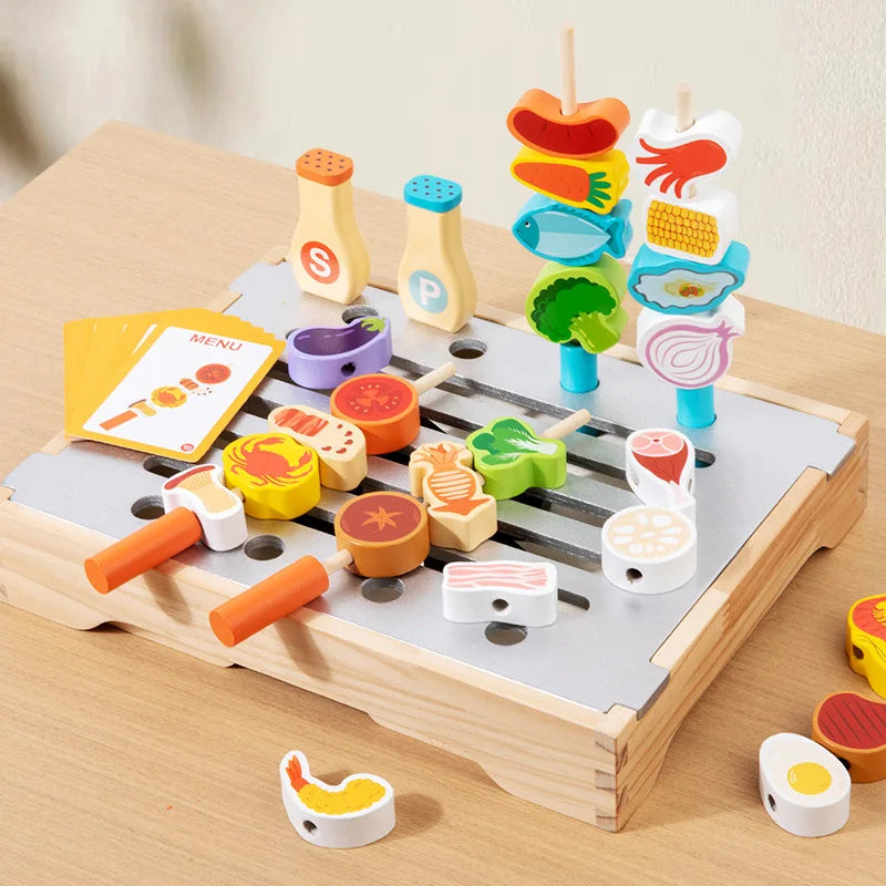 Wooden Kitchen Toys Set for Kids,Pretend Cooking Food Playset-BBQ Grill Toy with Food & Kitchen Toy Accessories Fine Motor Toys