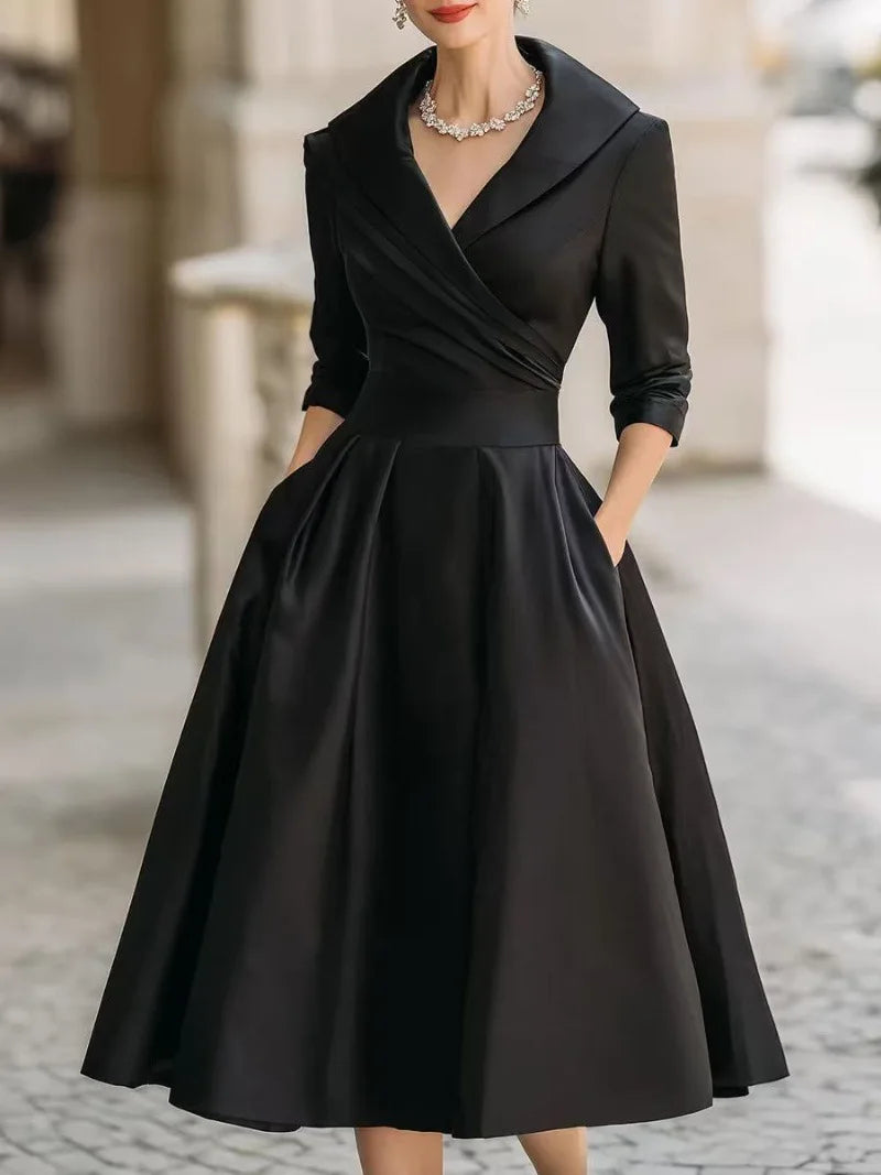 Women Elegant Wedding Guest Dress Turndown Collar Mid-Length Waisted A-Line Evening Dress Cocktail Party Satin Midi Dresses