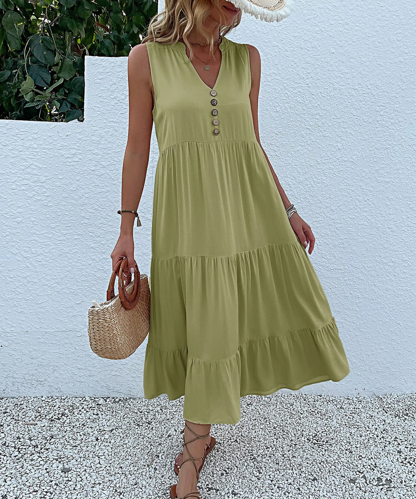 Dresses for Women 2025 Summer V-neck Single-breasted Vest Dress Sleeveless Loose Casual Solid Color Dress Vestidos De Mujer