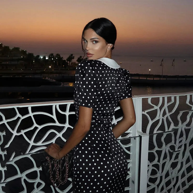 Dot Printed Dresses For Women Fashion Sexy Streetwear Short Sleeves Sheath Turn Down Collar V-Neck Long Vestidos Robes Female