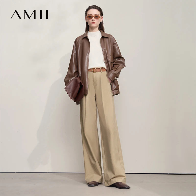 AMII Casual Women Pants 2025 Autumn Elegant Cotton Simple Loose High Waist Pleated Wide Leg Pants Office Lady Clothing 12553020