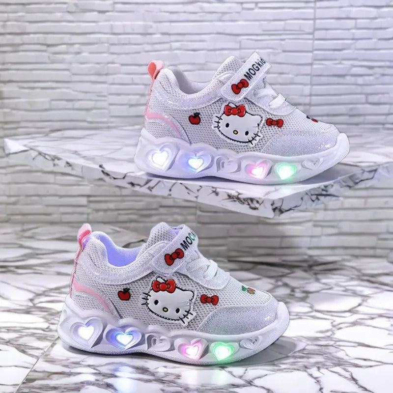 Kids'Casual Shoes Girls Led Light Cartoon PU Leather Fashion Sport Flat Bottom Shoes Breathable White Pink Size 21-30