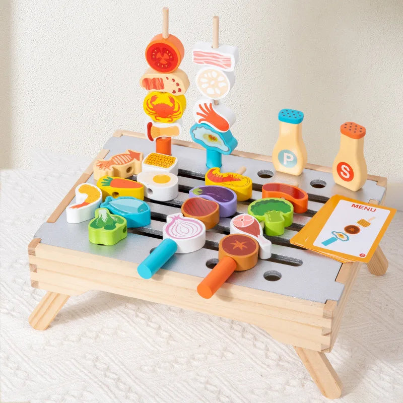Wooden Kitchen Toys Set for Kids,Pretend Cooking Food Playset-BBQ Grill Toy with Food & Kitchen Toy Accessories Fine Motor Toys