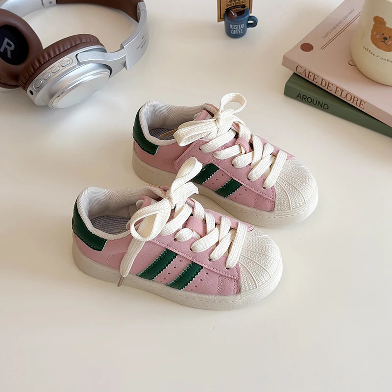 Kids Sports Shoes Non-slip Soft Sole 2025 New Boys Girls Casual Shoes Striped Trendy Students Skate Shoes Round Toes Hook&loop