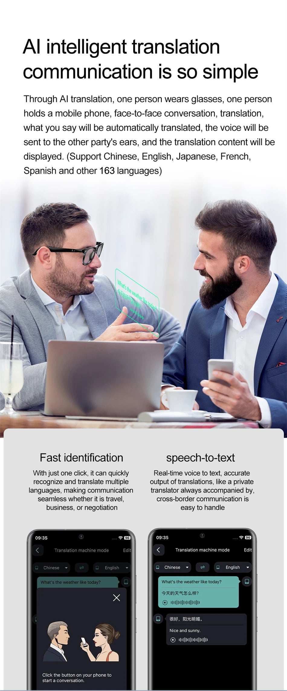 2025 New Smart Glasses Men 163 Online Language Al Intelligent Translation Anti-blue Lenses Wireless Call Voice Assistant Glasses