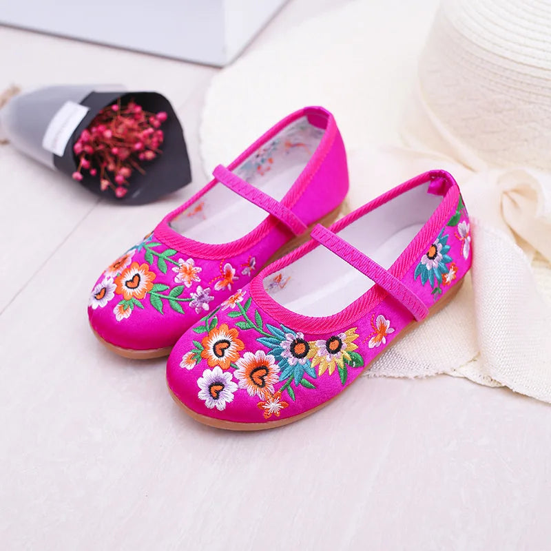 Kids Shoes For Girls Gift Fashion Floral Flats Children's Performance Embroidery Floral Show Chinese Style Baby Shoes Size 25-34