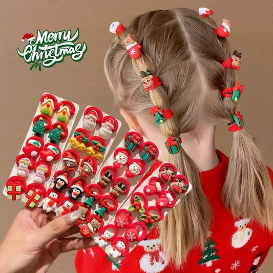 10Pcs/Set Kids Girls Christmas Hair Ties Cute Santa Claus & Reindeer Design Festive Hair Accessories Holiday Parties Decorations