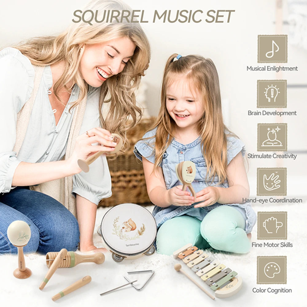 Kids Wooden Montessori Toys Musical Instruments Rattle Toys Wooden Squirrel Percussion Instruments Preschool Educational Toys