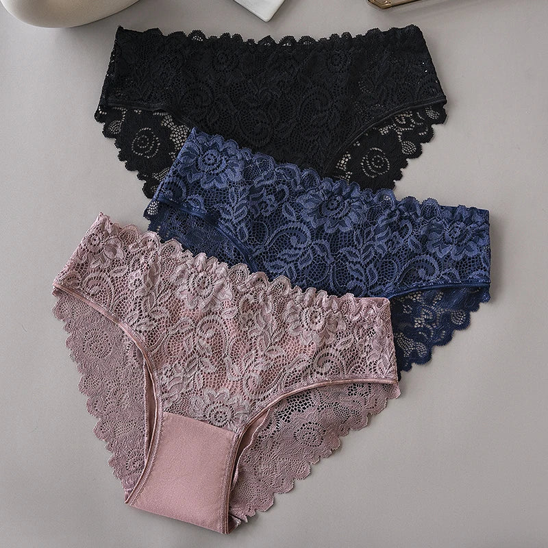 3PCS/Set Luxury Floral Embroidery Lace Panties Women Briefs Sexy Hollow Lingerie Female Underwear Ladies Breathable Underpants