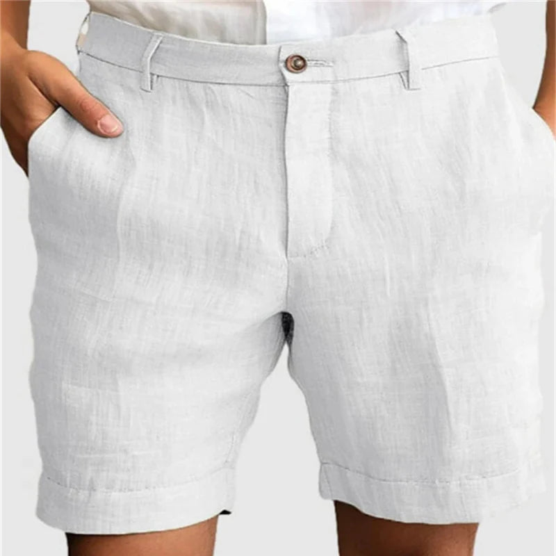 Summer Breathable Casual Linen Shorts Mens Fashionable Zip-up Button Shorts Daily Leisure Loose Straight Solid Color Men Shorts