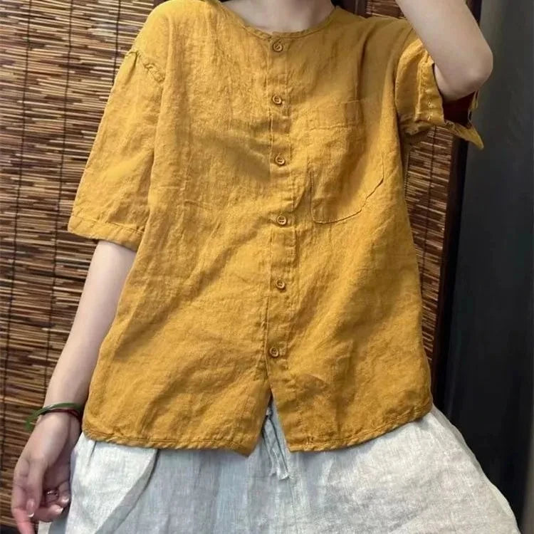 Chiffon Cotton Linen round Neck T-shirt Women Summer New Vintage Art Loose Shirt  Open Cardigan Top 2025 Short Shirt For Women