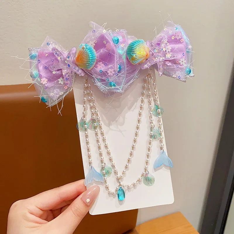 Baby Girls Cute Mermaid Princess Pearl Tassel Bow Forehead Chain Hair Clip Children Hair Accessories Girls Super Hair Clip TM04