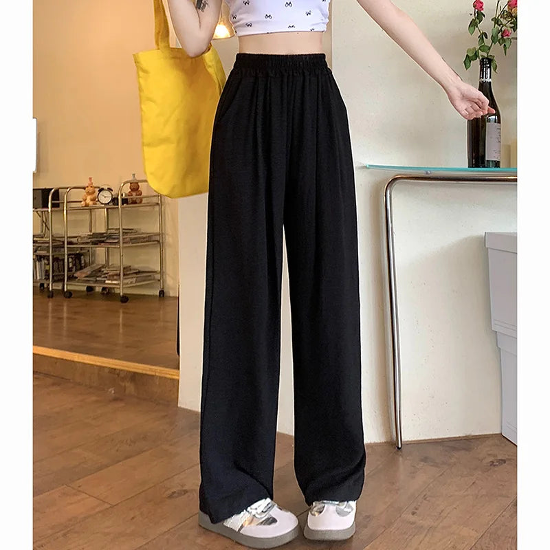 Summer Women Sweet Colorful Ice Silk Pants Lady Baggy Versatile Elastic Straight Leg Trousers Female Wide Leg High Waisted Pants