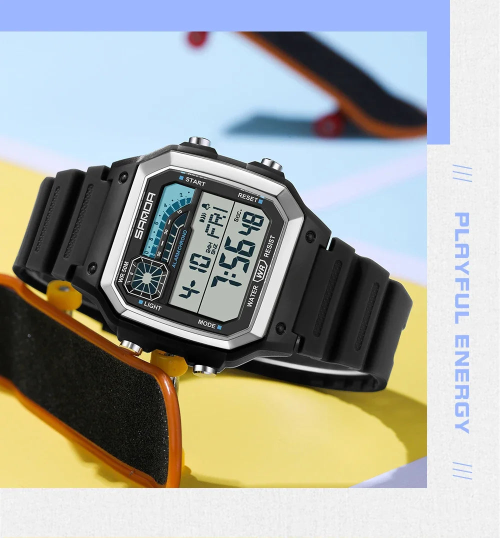 SANDA 6196 Electronic Watch Night Glow Waterproof Sports Men's Light and Thin Square Classic Male and Female Student Watch