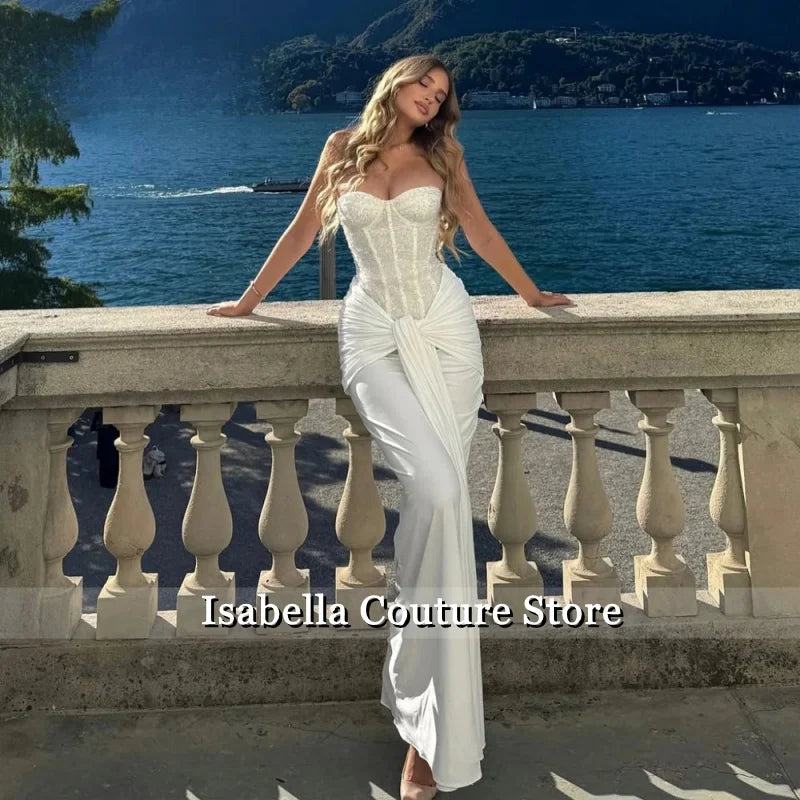 Attractive Evening Dresses for Women Strapless White Sequin Long Silk Scarves Prom Dresses Strapless Lacing upCustomized