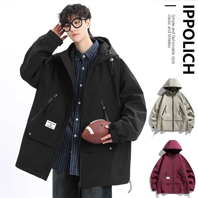 Autumn Men's Jacket Springtime Trendy Streetwear Coat Fashion Outerwear Hooded Solid Color Men Jackets Korean Version Clothing