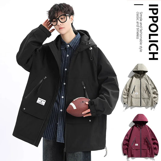 Autumn Men's Jacket Springtime Trendy Streetwear Coat Fashion Outerwear Hooded Solid Color Men Jackets Korean Version Clothing