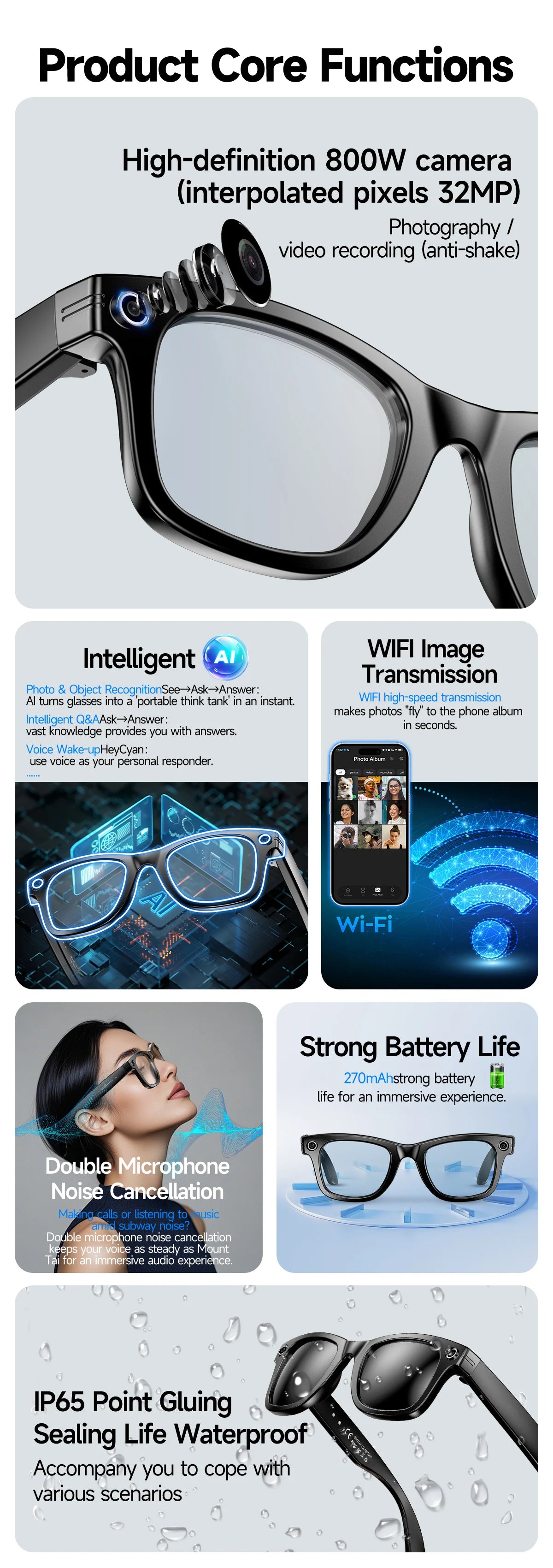 LIGE New Camera SunGlasses 800w Pixel Camera Recording Noise Reduction Ai Recognition Translation Anti Blue Light Smart Glasses