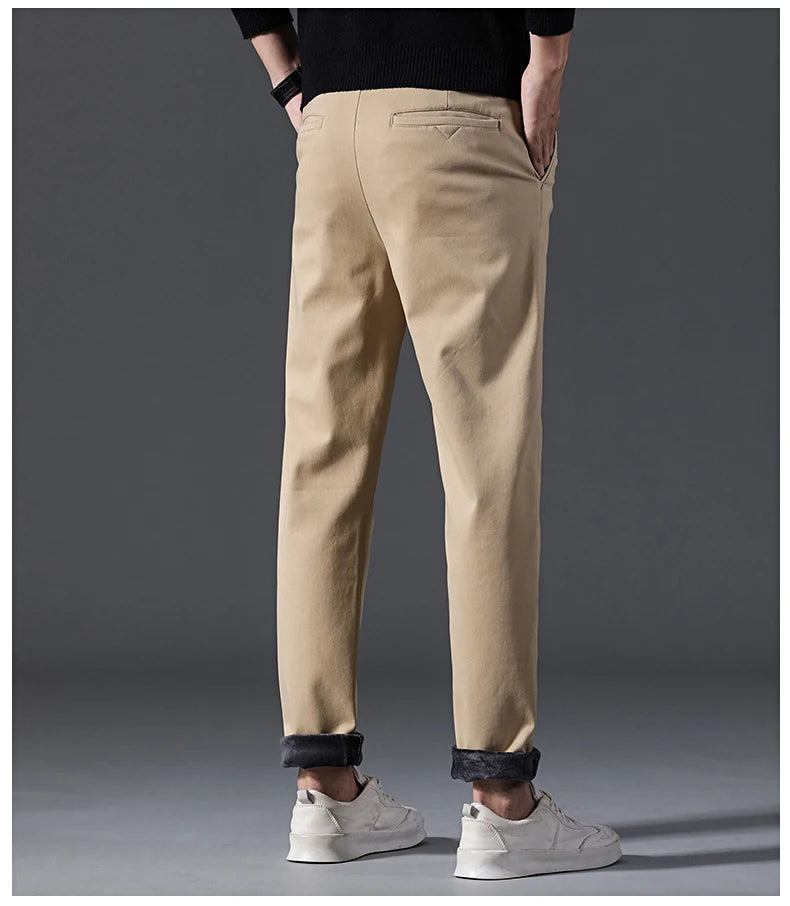 New Winter Mens Clothing Warm Casual Pants 98% Cotton Fleece Straight Business Thicken Men Pants Stretch Classic Velvet Trousers