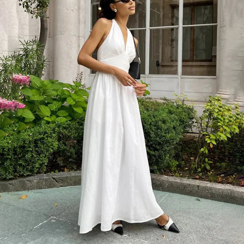 Talenza Spring V-Neck Long Dress Women White High Waist Slim Backless Lace-up Beach Holiday Dress Sleeveless Casual Female Dress