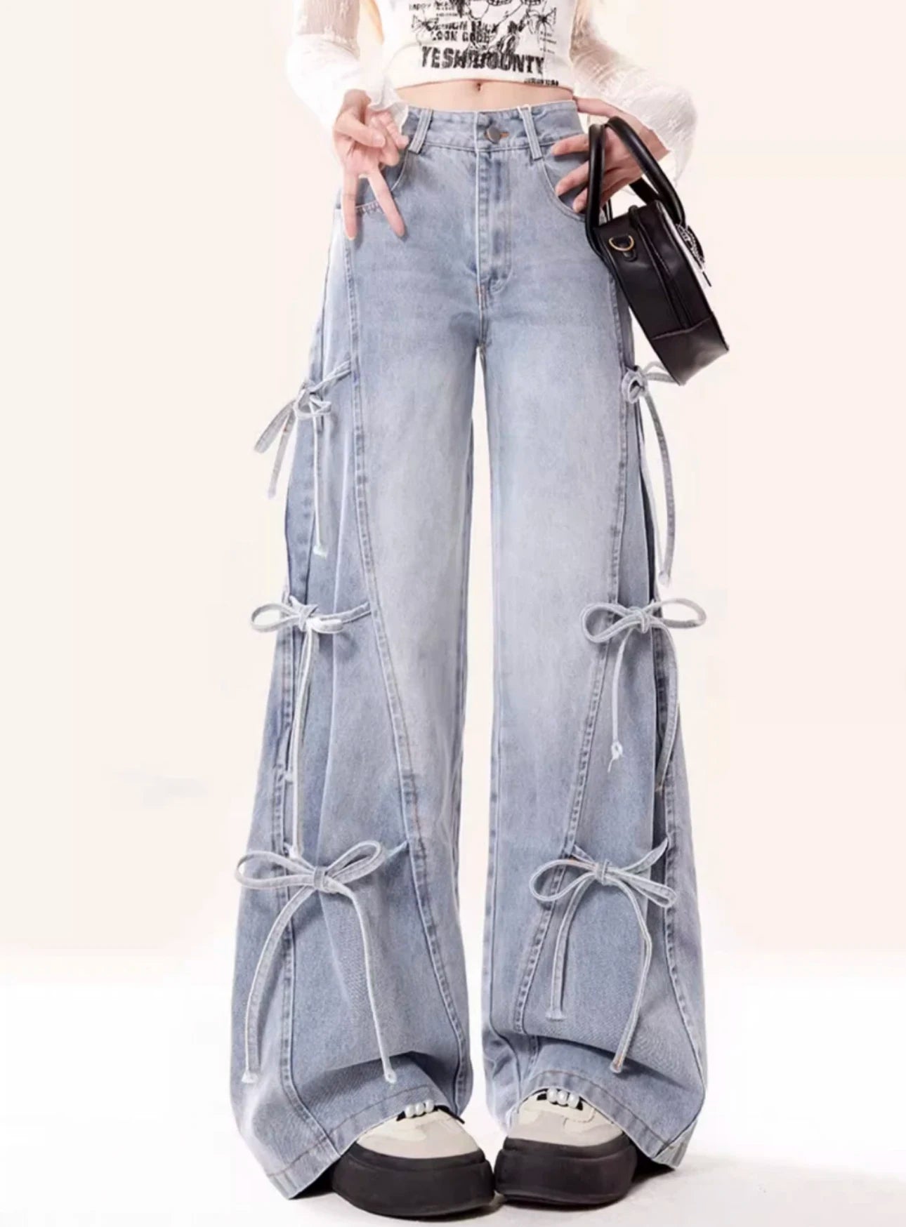 Jeans Women Vintage Bow Design Baggy Wide Leg Trousers Autumn High Waist Students Young All-match Daily Harajuku Slouchy Chic